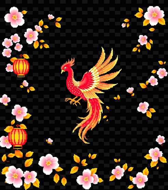 PSD la branche de la fleur de cerise aux pixels, la frontière des phénixes et des lanternes reposent sur la branche png cadre chinois stylee