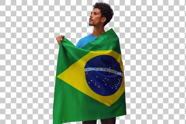 PSD brasilien-flagge halten schwarzer mann mit flagge isoliertes flaggen- und unabhängigkeitstag-konzeptbild