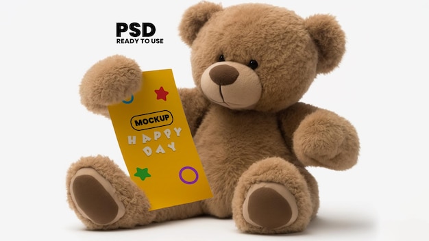 PSD brinquedo de ursinho de pelúcia segurando um cartão de maquete