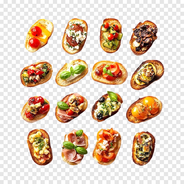 PSD bruschetta variée avec diverses garnitures sur un fond transparent