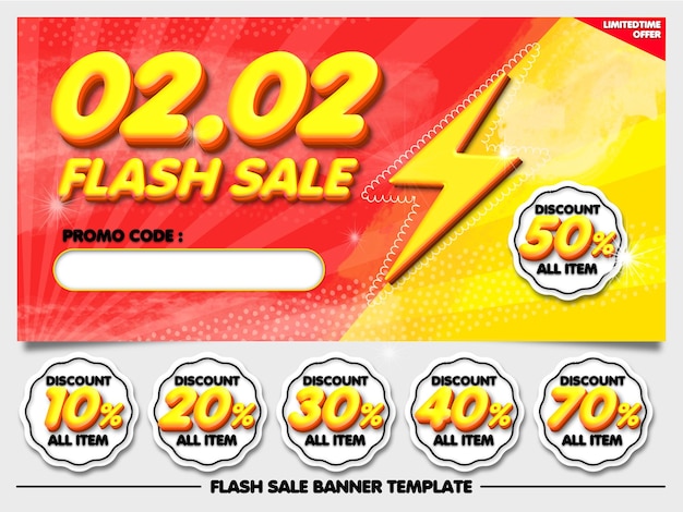 PSD bundle vente flash 02.02 bannière diiscount rouge jaune avec élément autocollant 10, 20, 30, 40, 50, 70