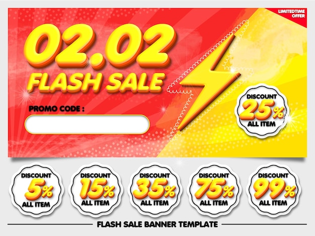 PSD bundle vente flash 02.02 bannière diiscount rouge jaune avec élément autocollant 5,15,25,35,75