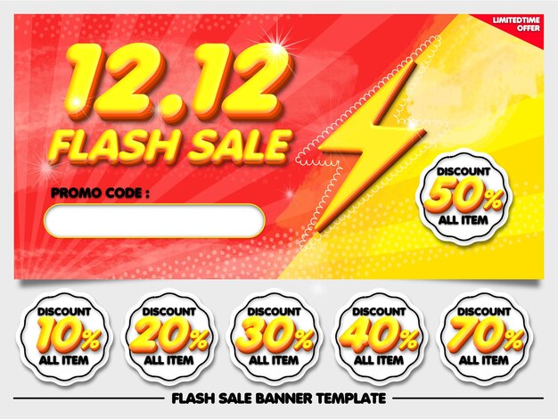 PSD bundle vente flash 12.12 bannière diiscount rouge jaune avec élément autocollant 10, 20, 30, 40, 50, 70