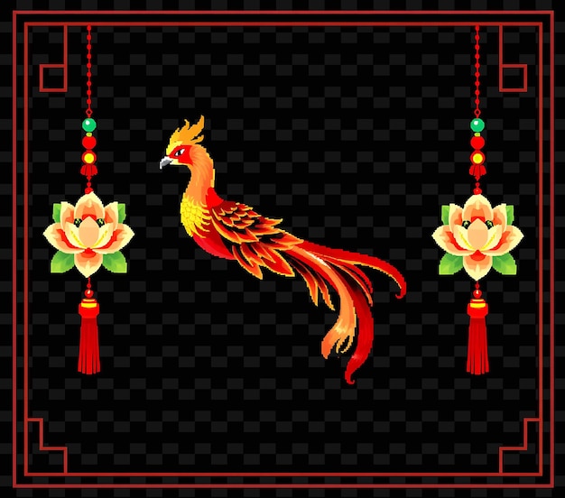 PSD le cadre de la frontière du phoenix et du lotus un phoenix régal repose au sommet du wi png stylet de cadre chinois