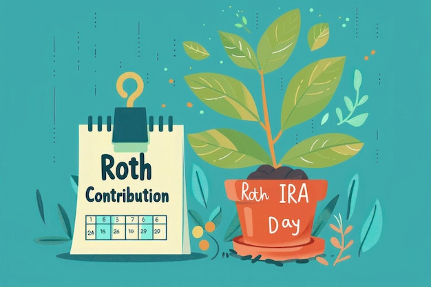 PSD un calendrier avec le mot roth contribution écrit dessus à côté d'une plante en pot intitulée roth ira day