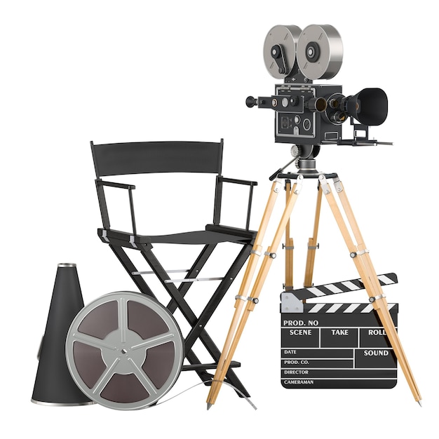 PSD câmera de cinema com cadeira de rolo de filme megafone e clapperboard conceito de cinema renderização 3d isolado em fundo transparente