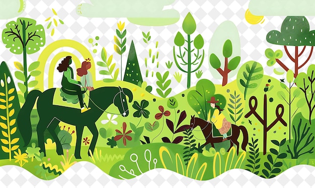 PSD la campagne irlandaise avec des personnages à cheval illustration plate du style de vie des gens