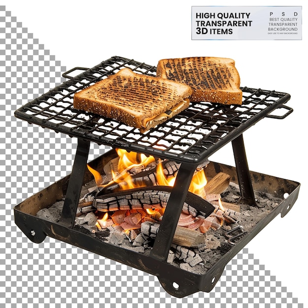 PSD camping campfire grill press per la griglia di panini su sfondo trasparente