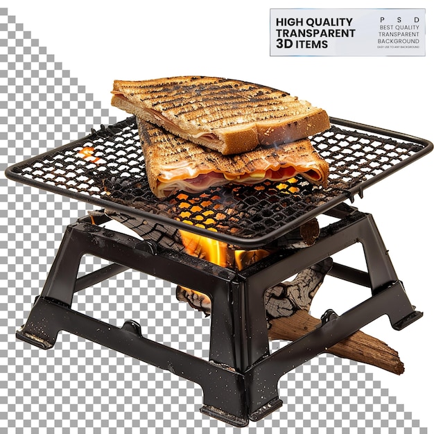 PSD camping campfire grill press per la griglia di panini su sfondo trasparente