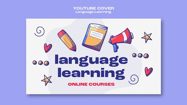 Capa do youtube de aprendizado de idiomas desenhada à mão