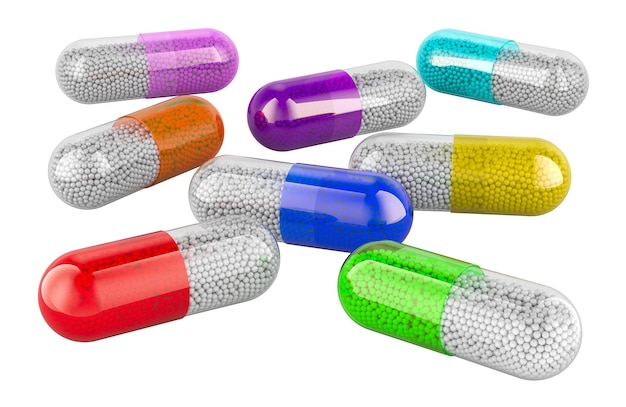 PSD capsules de médicaments colorées représentées en 3d isolées sur un fond transparent