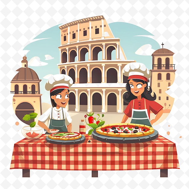 PSD caractères italiens cuisinant une pizza le design est chaleureux et accueillant illustration vue du paysage culturel