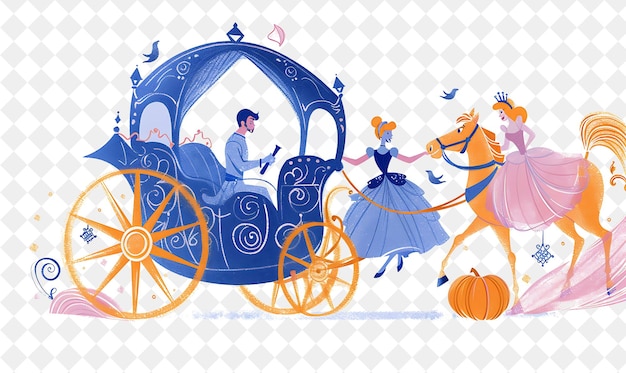 PSD carrozza di cenerentola con cenderella e il principe affascinante rid people lifestyle flat illustration