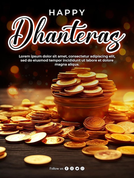 PSD cartaz internacional de dhanteras com fundo de pilha de ouro