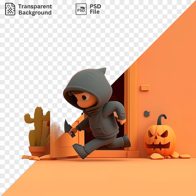 Cartoon de cambrioleur en 3D qui entre dans une maison avec des citrouilles