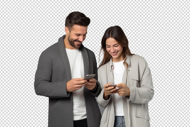 casal feliz usando smartphone isolado em um fundo transparente