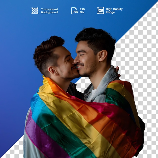 PSD casal de homens sorrindo com bandeira do arcoris orgulho les hommes lgbt sont un couple souriant avec un arc-en-ciel