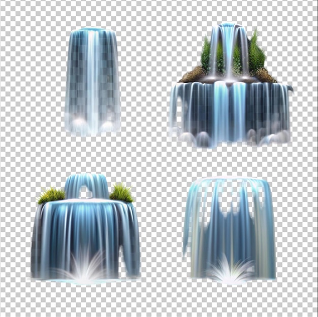 PSD cascade avec des feuilles de plantes rocheuses et de la mousse sur un fond transparent ou blanc rendu 3d réaliste