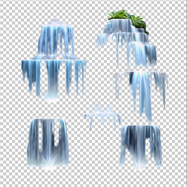 PSD cascade avec des feuilles de plantes rocheuses et de la mousse sur un fond transparent ou blanc rendu 3d réaliste