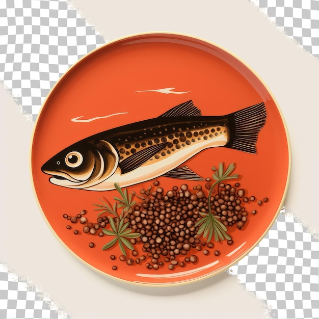 Caviar vermelho em prato de fundo transparente acompanhado de peixe