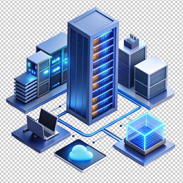 PSD centro data isométrico servidor de renderização 3d com computador isolado em fundo transparente