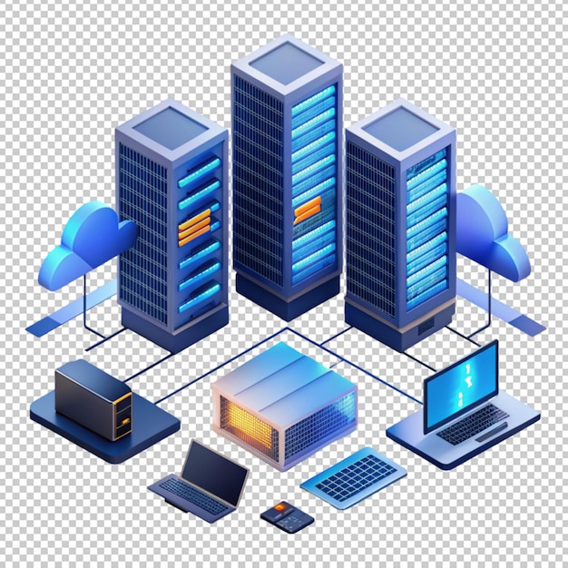 PSD centro data isométrico servidor de renderização 3d com computador isolado em fundo transparente