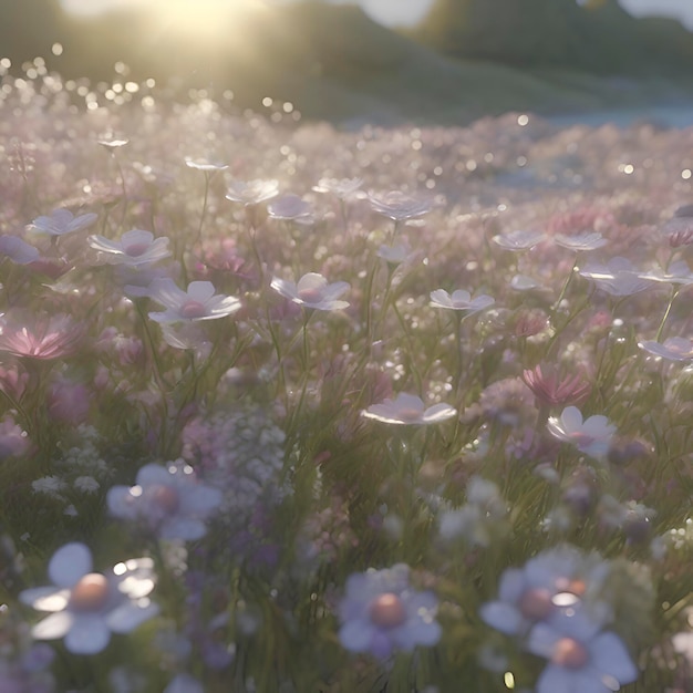 Un champ de fleurs sauvages pastel à la lumière du soleil du matin