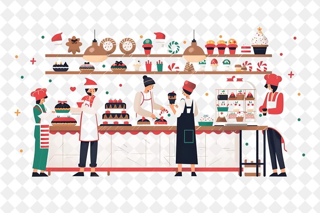 PSD charmante boulangerie de noël avec des boulangers et des pâtissiers qui font des illustrations et des dessins artistiques de noël