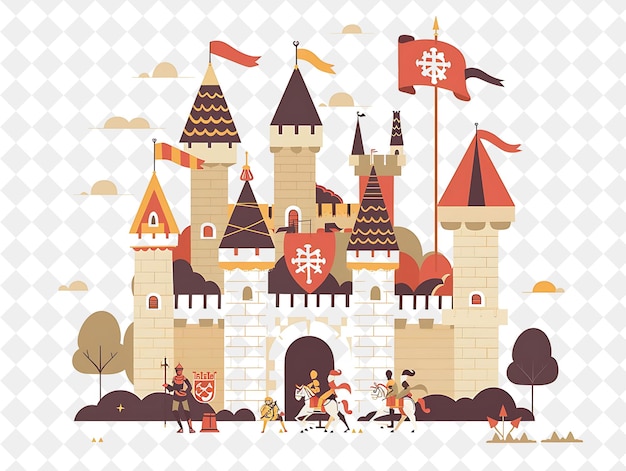 PSD château médiéval avec des personnages de chevaliers ayant un jousting tou gens style de vie illustration plate