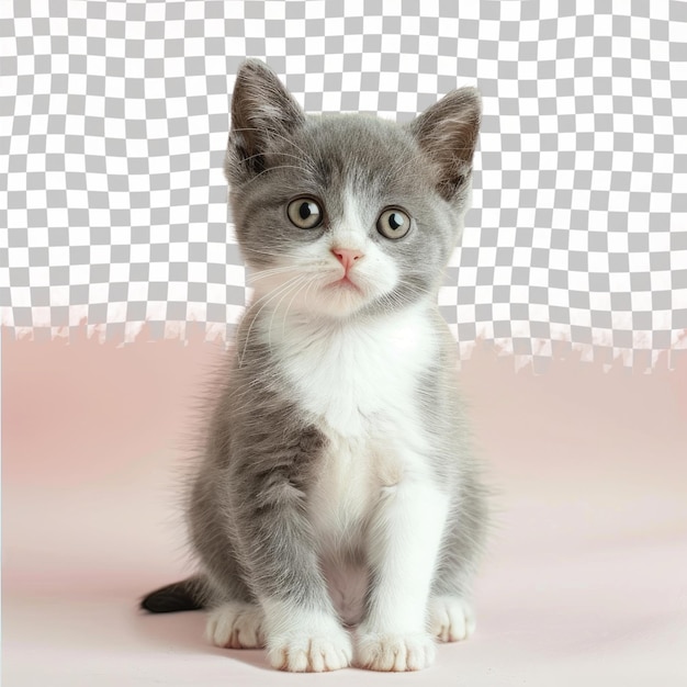 PSD un chaton avec une fourrure rayée bleue et blanche est assis sur un fond rose