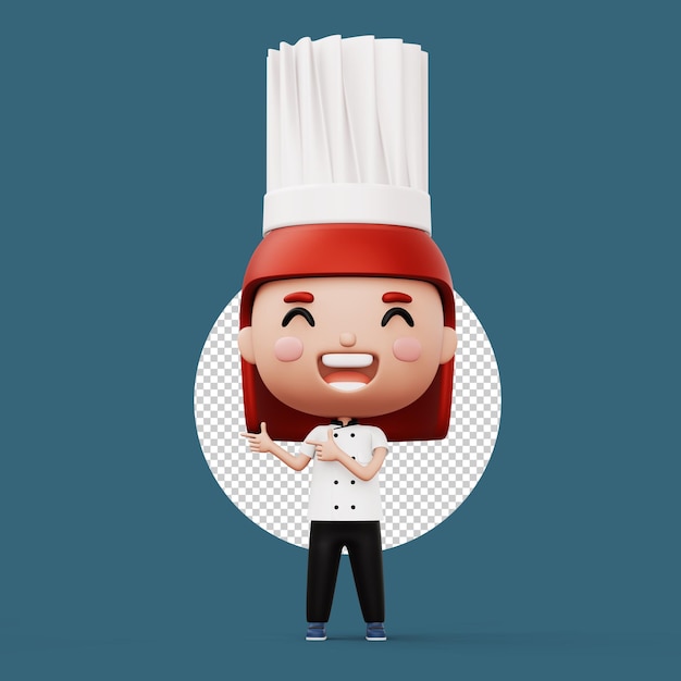 PSD chef de criança feliz vestindo uniforme de chef apontando o dedo renderização em 3d