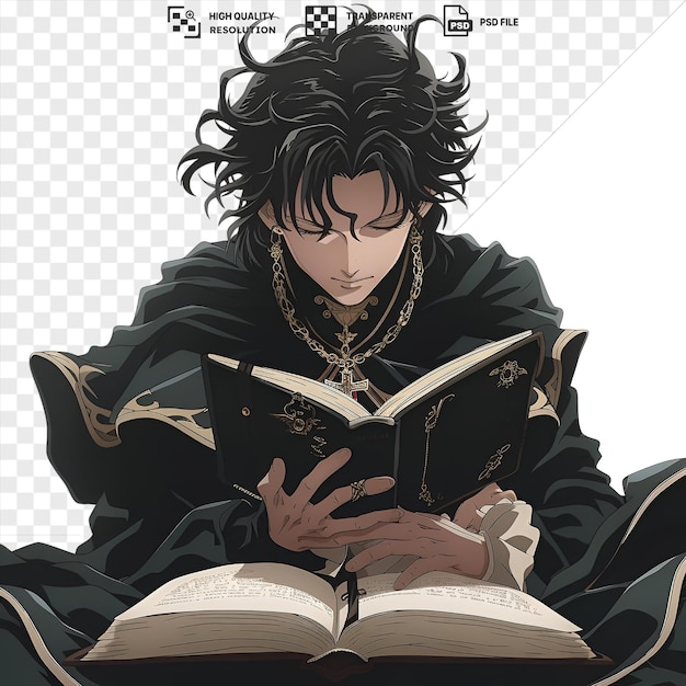 chrollo lucilfer transparent de chasseur x chasseur avec des cheveux noirs et un collier d'or lit un livre ouvert tout en tenant une main à son visage