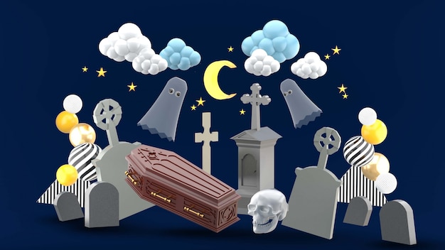 PSD le cimetière est entouré de pierres tombales et de fantômes sous le ciel nocturne