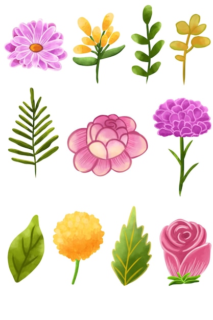 PSD clipart blumenarrangement mit verschiedenen formen von blumen und blättern