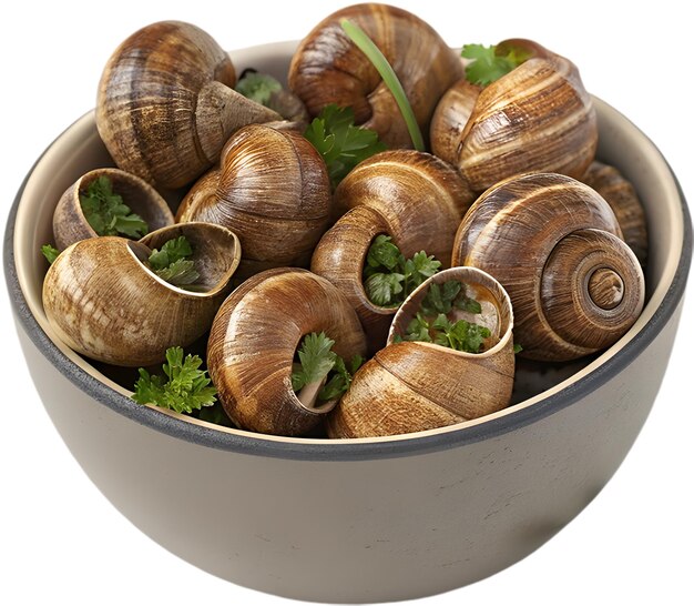 PSD clipart d'escargot gourmet cuit au four dans du beurre d'ail garni d'herbes fraîches