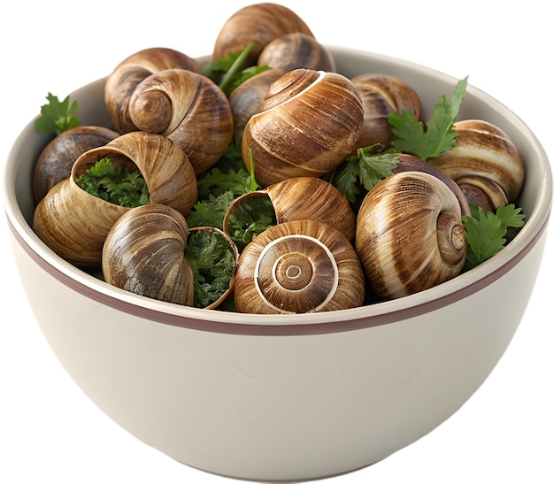 PSD clipart d'escargot gourmet cuit au four dans du beurre d'ail garni d'herbes fraîches