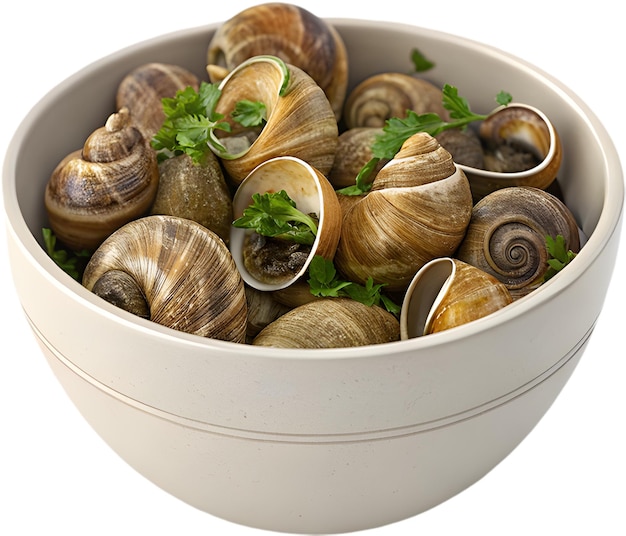 PSD clipart d'escargot gourmet cuit au four dans du beurre d'ail garni d'herbes fraîches