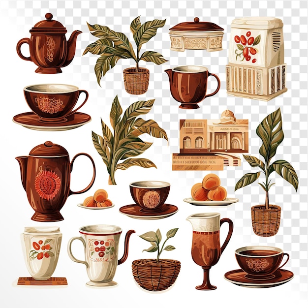 Clipart-Set mit traditionellen kubanischen Cafecito-Elementen auf weißem Hintergrund