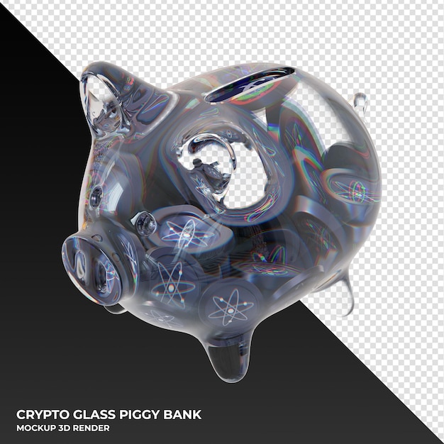 PSD cofrinho cosmos atom glass com ilustração 3d de moedas criptográficas