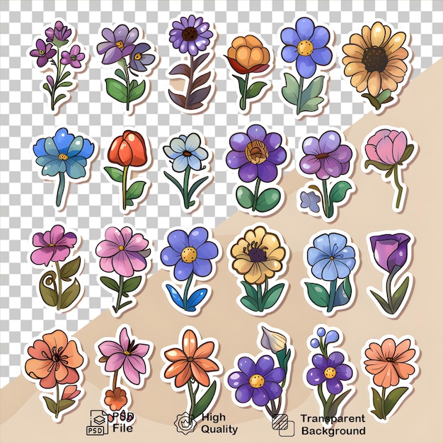 PSD coleção de adesivos de flores em fundo transparente inclui arquivo png