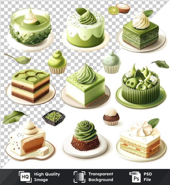 PSD coleção de sobremesas matcha premium em fundo transparente inclui bolos cupcakes em