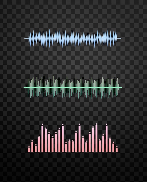 PSD collection colorée de trois ondes sonores abstraites sur un fond transparent