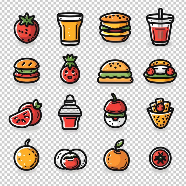 PSD une collection de différents types d'aliments, y compris un burger, du citron, de la tomate et du citron