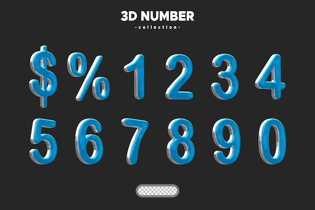 PSD collection de numéros psd 3d avec métallique et bleu aqua