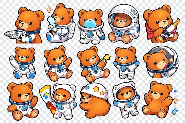 PSD une collection d'ours en peluche mignons en combinaison spatiale