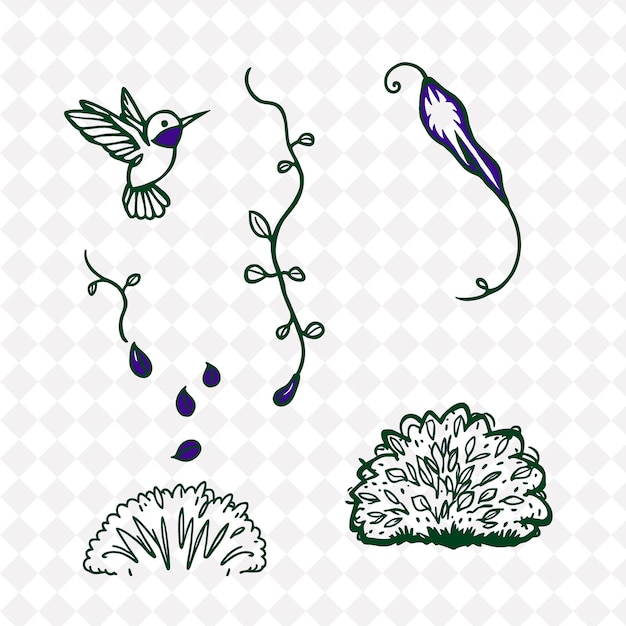 PSD une collection de plantes et de fleurs avec des oiseaux et des fleurs