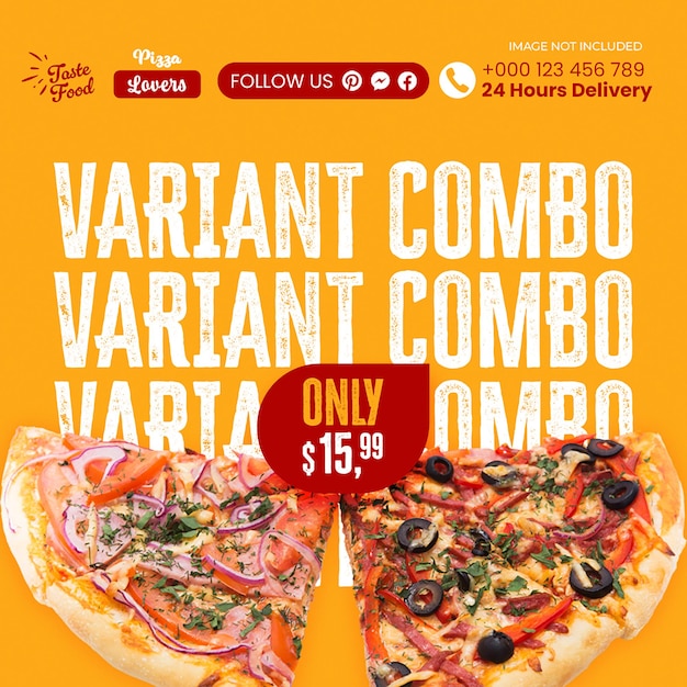 PSD combo de variante de pizza psd sur un fond jaune foncé modèle de post instagram