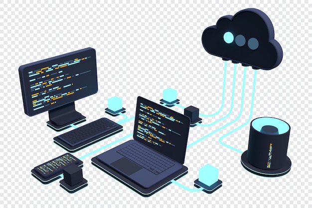 PSD conceito de computação em nuvem tecnologia de nuvem moderna centro de dados conceito isométrico tecnologia de nuvem 3d com centro de dados conceito de hospedagem na web renderização 3d