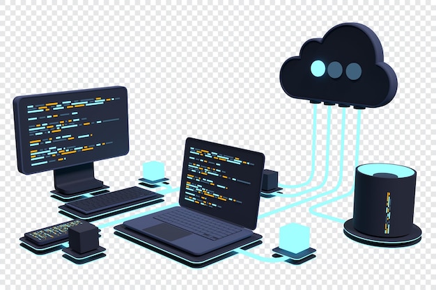 PSD conceito de computação em nuvem tecnologia de nuvem moderna centro de dados conceito isométrico tecnologia em nuvem 3d com datacenter conceito de hospedagem na web rendering 3d