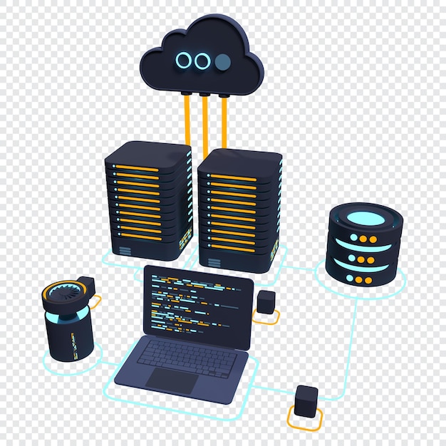 PSD conceito de computação em nuvem tecnologia de nuvem moderna centro de dados conceito isométrico tecnologia em nuvem 3d com datacenter conceito de hospedagem na web rendering 3d